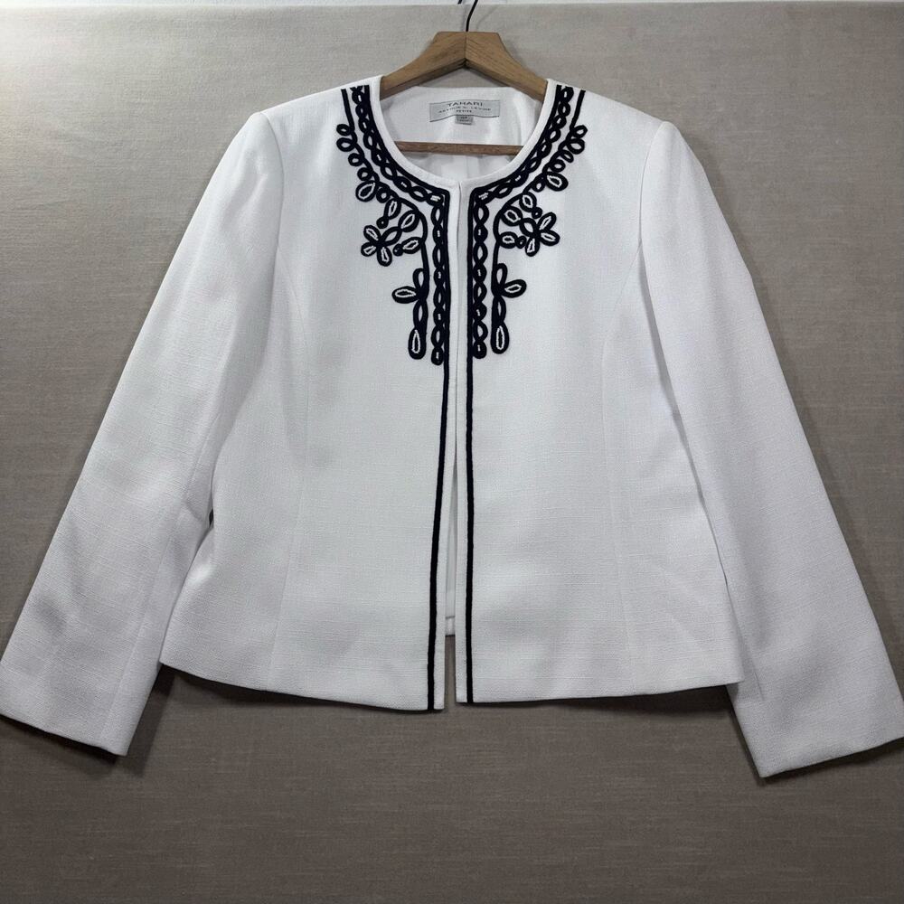 Tahari ASL Womens Blazer Jacket 10P White Black Embroidered Elegant Old Money